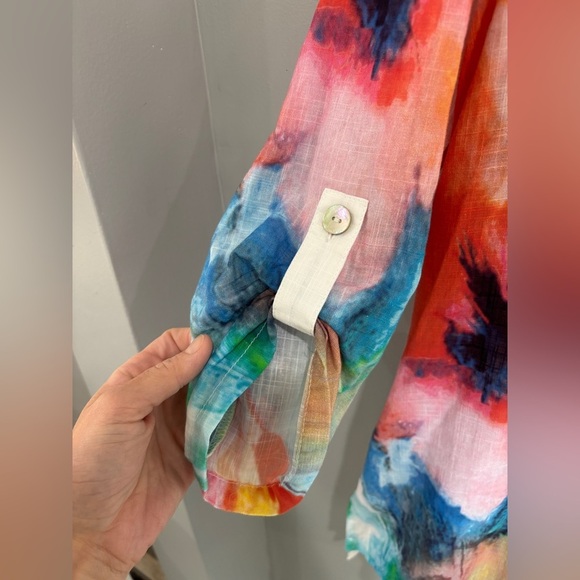 Soft Surroundings Isla Grande 100% Cotton Multicolor Watercolor Button Front Top - Picture 9 of 12